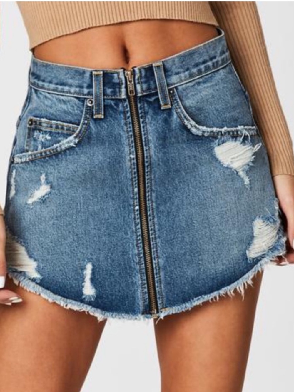 Carmar Adige Beatrice Distressed Blue Zip-Front Denim Mini Skirt